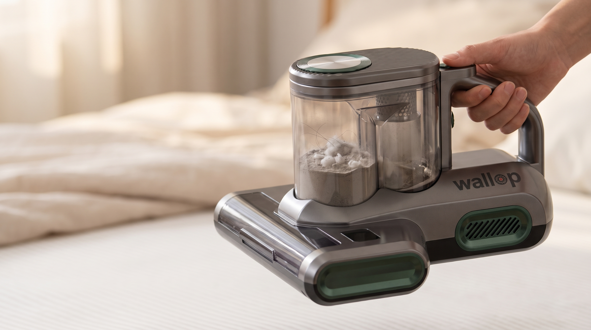 Wallop's clear cup holding dust after a mattress