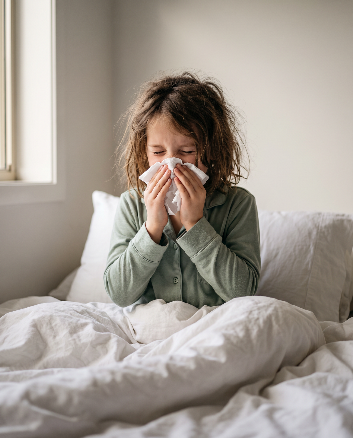 A child sitting up in bed, sneezing into a tissue