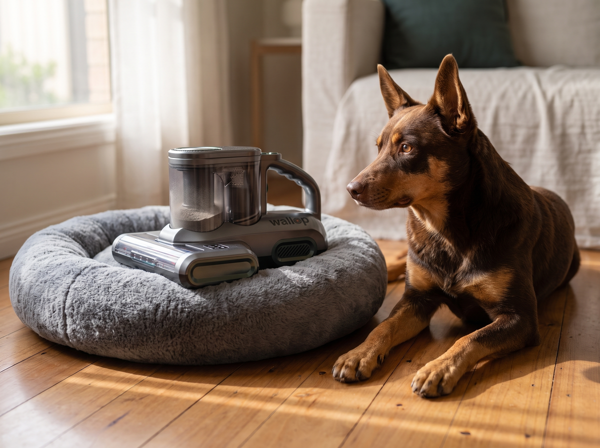 Wallop on a dog bed next to a kelpie